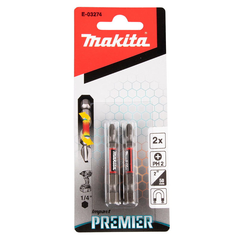 Vĩ 2 mũi vít bake Torsion Impact Premier Makita E-03274 kích thước PH2 x 50mm, đuôi lục giác 6.35mm (1/4 inch)