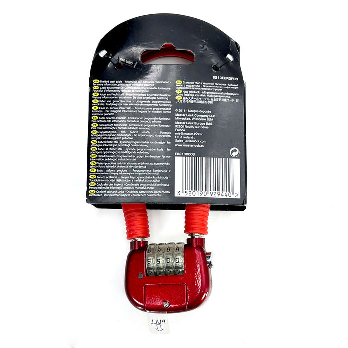 Ổ khóa dây 4 cọc số Master Lock 8213EURDPRO, dây khóa bằng sợi cáp thép cứng được bọc nhựa vinyl nhiều màu dài 60cm, có đèn sáng tại cọc số khi mở