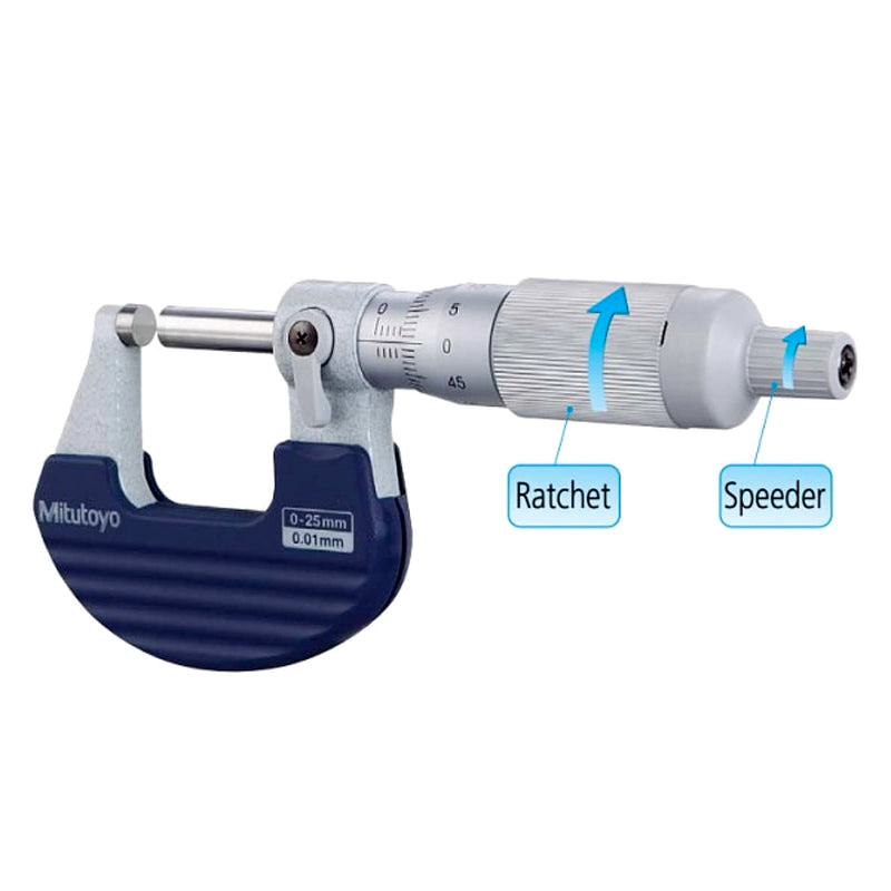 Panme đo ngoài cơ bản Mitutoyo Series 102 - Ratchet Thimble Micrometer. Dòng cải tiến với bánh cóc trên ống xoay