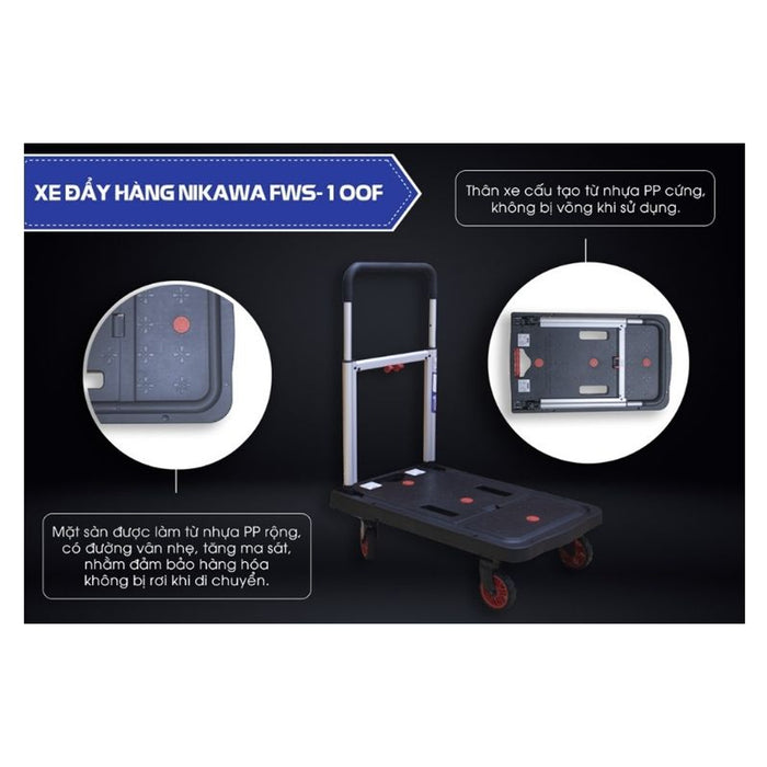 Xe đẩy hàng Nikawa FWS-100F, tải trọng 100kg, kích thước mặt sàn 680mm x 410mm, tay cầm có thể điều chỉnh