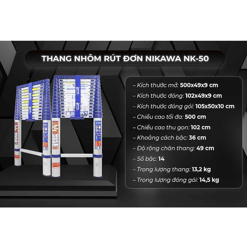 Thang nhôm rút đơn Nikawa NK, chiều cao tối đa từ 3.2m ~ 5.8m, số bậc thang từ 11 bậc ~ 15 bậc