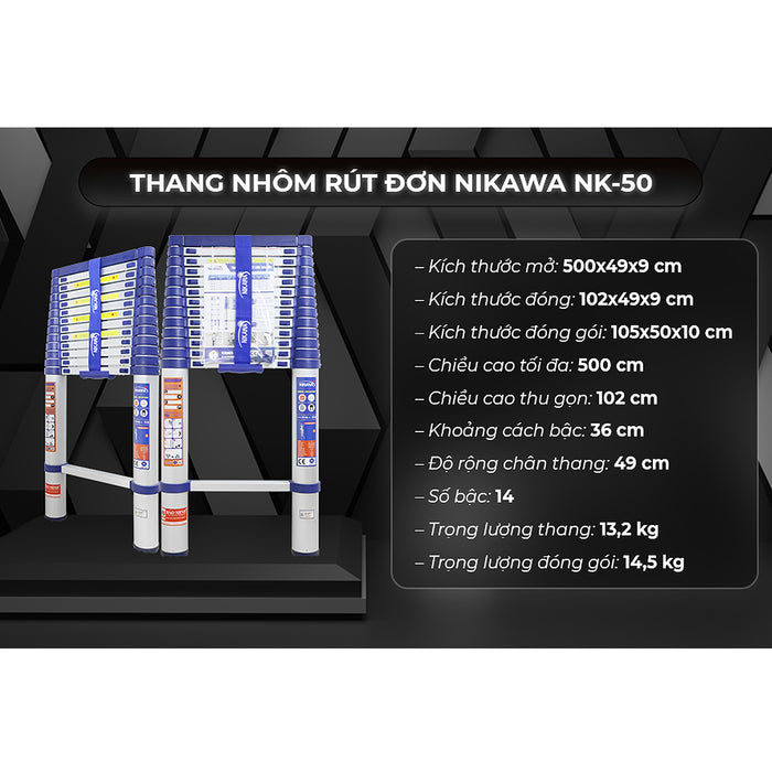 Thang nhôm rút đơn Nikawa NK, chiều cao tối đa từ 3.2m ~ 5.8m, số bậc thang từ 11 bậc ~ 15 bậc