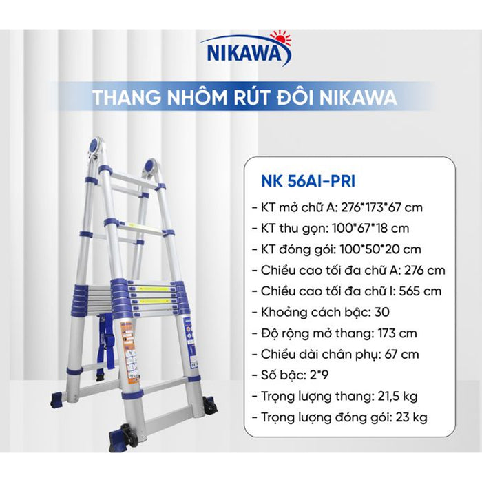 Thang nhôm rút đôi chữ A Nikawa NK AI, chiều cao tối đa chữ A từ 1.85m ~ 2.76m