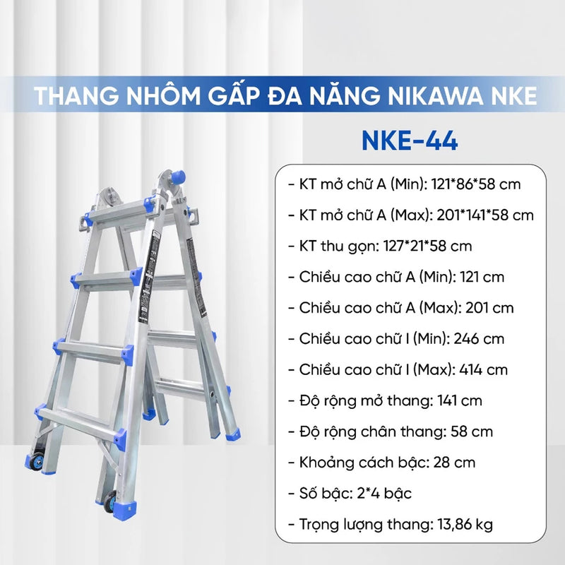 Thang nhôm gấp đa năng (rút lồng) Nikawa, độ dày nhôm chịu lực 2.4mm