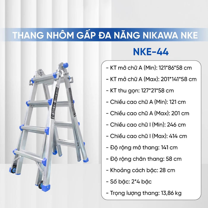 Thang nhôm gấp đa năng (rút lồng) Nikawa, độ dày nhôm chịu lực 2.4mm