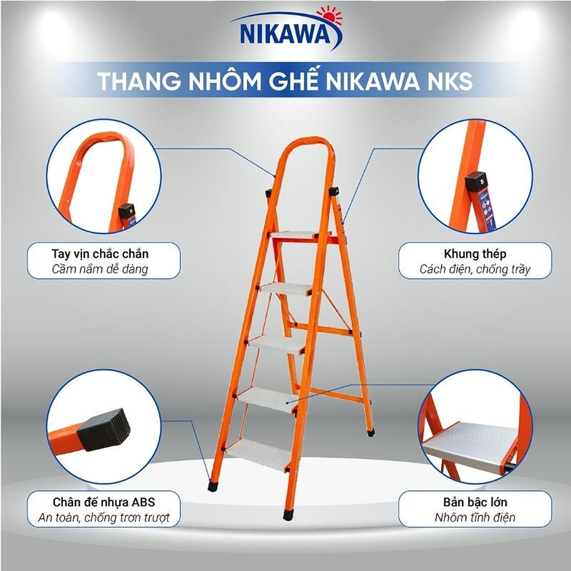 Thang ghế chữ A khung thép Nikawa NKS, chiều cao tối đa từ 1.3m ~ 1m8