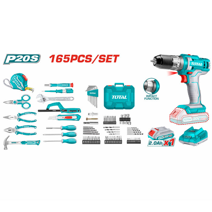 Máy khoan búa không chổi than dùng Pin 20V Total THKTHP11652 kèm vali đồ nghề 165 món