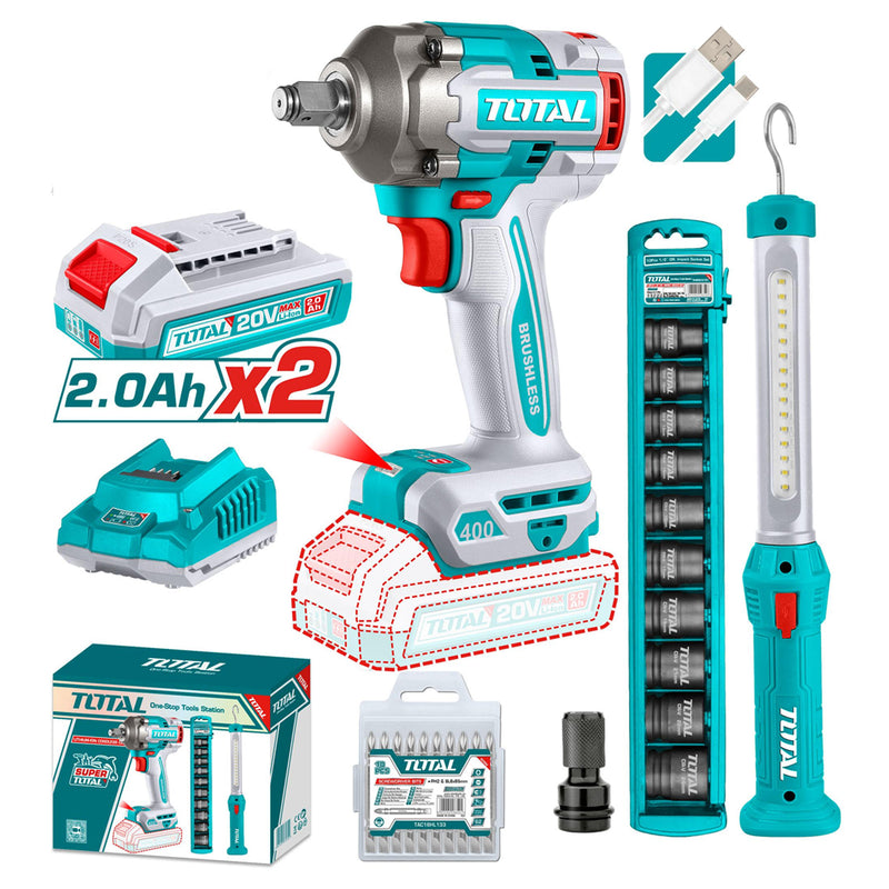 Bộ combo máy siết bu lông cốt 1/2 inch dùng Pin 20V không chổi than, kèm đèn làm việc Total TOSLI23048