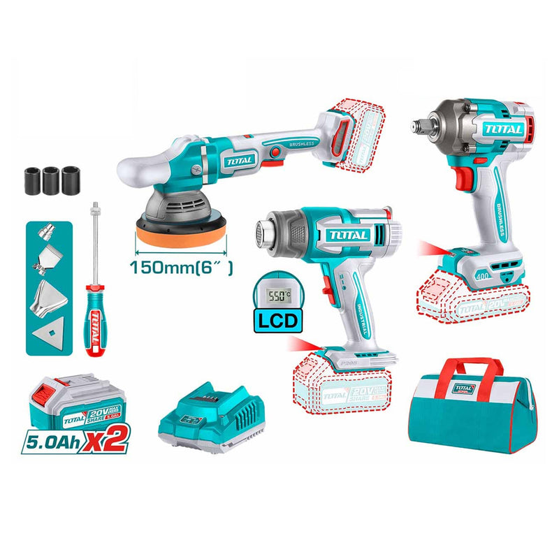 Bộ combo máy thổi nhiệt, máy đánh bóng đường kính đĩa 6 inch (150mm) và máy siết bu lông cốt 1/2 inch Total TOSLI240863 dùng Pin 20V
