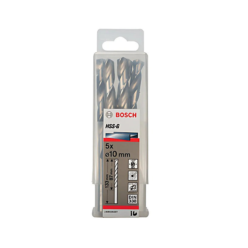 Hộp 5 mũi khoan sắt HSS-G Bosch đường kính mũi từ 8mm - 13mm, đuôi trơn (Tiêu chuẩn DIN 338)