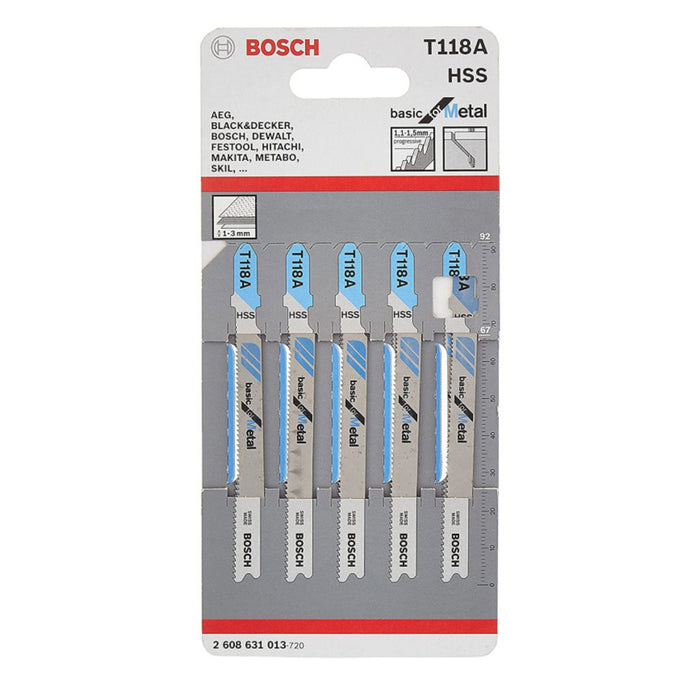 Vỉ 5 lưỡi cưa lọng cắt sắt Bosch T118 vật liệu thép HSS, dài 67mm