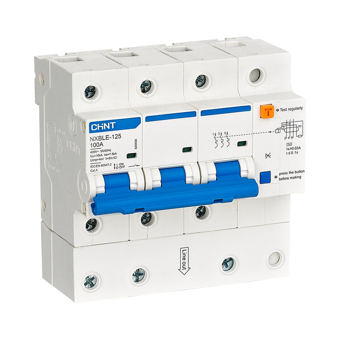Cầu dao chống giật kết hợp với bảo vệ quá tải, ngắn mạch Chint NXBLE-125 series, tải định mức từ 63A ~ 125A, dòng cắt 10kA, dòng rò từ 30mA ~ 300mA