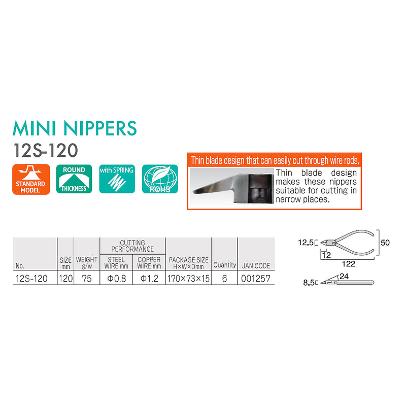 Kìm cắt mini, có lò xo trợ lực, lưỡi cong mỏng Fujiya 12S-120 kích thước 120mm
