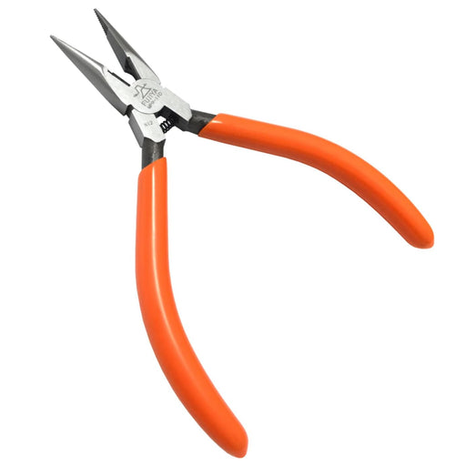 Kìm mũi nhọn mini Fujiya MP9-110 110mm có lò xo trợ lực, hàm kẹp răng cưa, tay cầm chống trượt màu cam