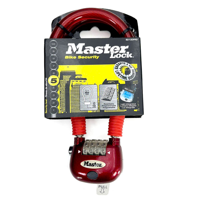 Ổ khóa dây 4 cọc số Master Lock 8213EURDPRO, dây khóa bằng sợi cáp thép cứng được bọc nhựa vinyl nhiều màu dài 60cm, có đèn sáng tại cọc số khi mở