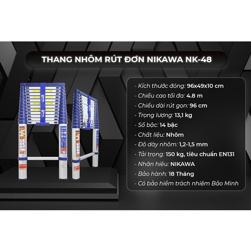 Thang nhôm rút đơn Nikawa NK, chiều cao tối đa từ 3.2m ~ 5.8m, số bậc thang từ 11 bậc ~ 15 bậc