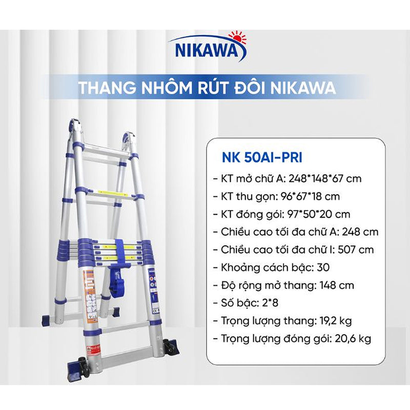 Thang nhôm rút đôi chữ A Nikawa NK AI, chiều cao tối đa chữ A từ 1.85m ~ 2.76m