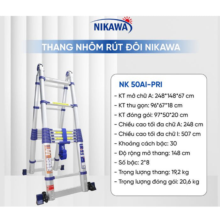 Thang nhôm rút đôi chữ A Nikawa NK AI, chiều cao tối đa chữ A từ 1.85m ~ 2.76m