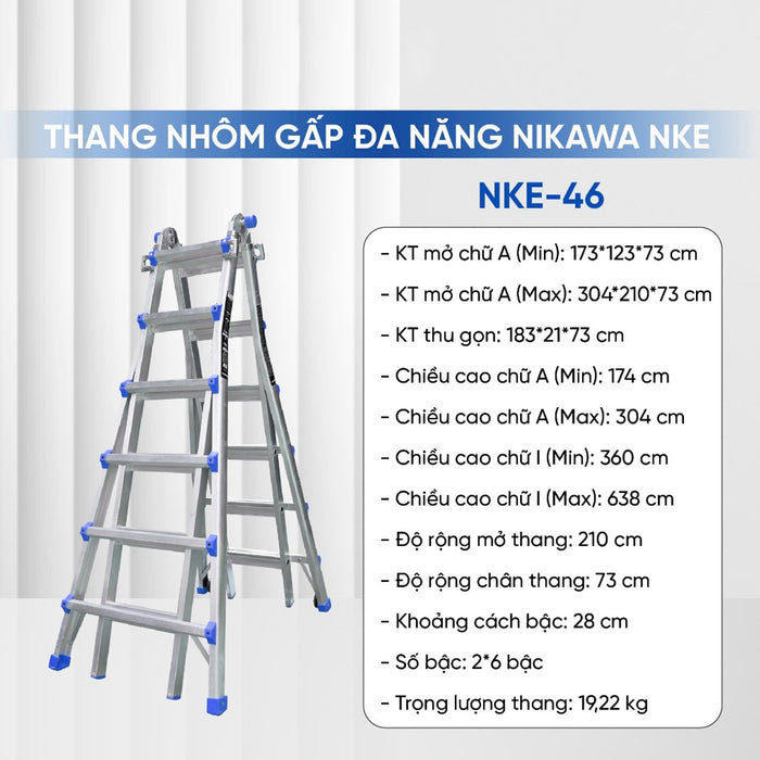 Thang nhôm gấp đa năng (rút lồng) Nikawa, độ dày nhôm chịu lực 2.4mm