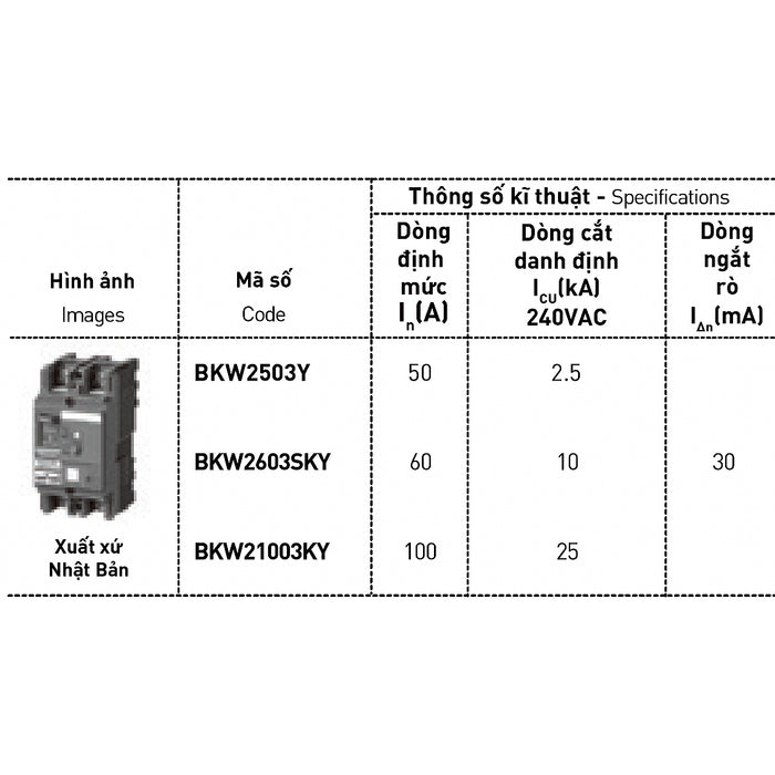Cầu dao chống giật MCB Panasonic có bảo vệ quá tải, ngắn mạch và chống rò, tải danh định từ 50A ~ 100A, dòng cắt từ 2.5kA ~ 25kA, dòng rò 30mA