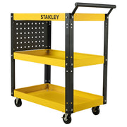 Xe đẩy dụng cụ 3 tầng Stanley STST74321-8 khung thép sơn mờ màu vàng đen có panel đục lỗ treo đồ và bánh xe xoay linh hoạt
