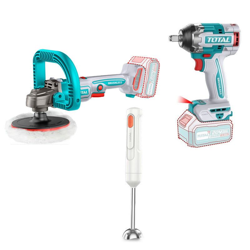 Bộ combo máy siết bu lông cốt 1/2 inch, máy đánh bóng đường kính đĩa 7 inch và máy xay cầm tay Total TOSLI240686 dùng Pin 20V