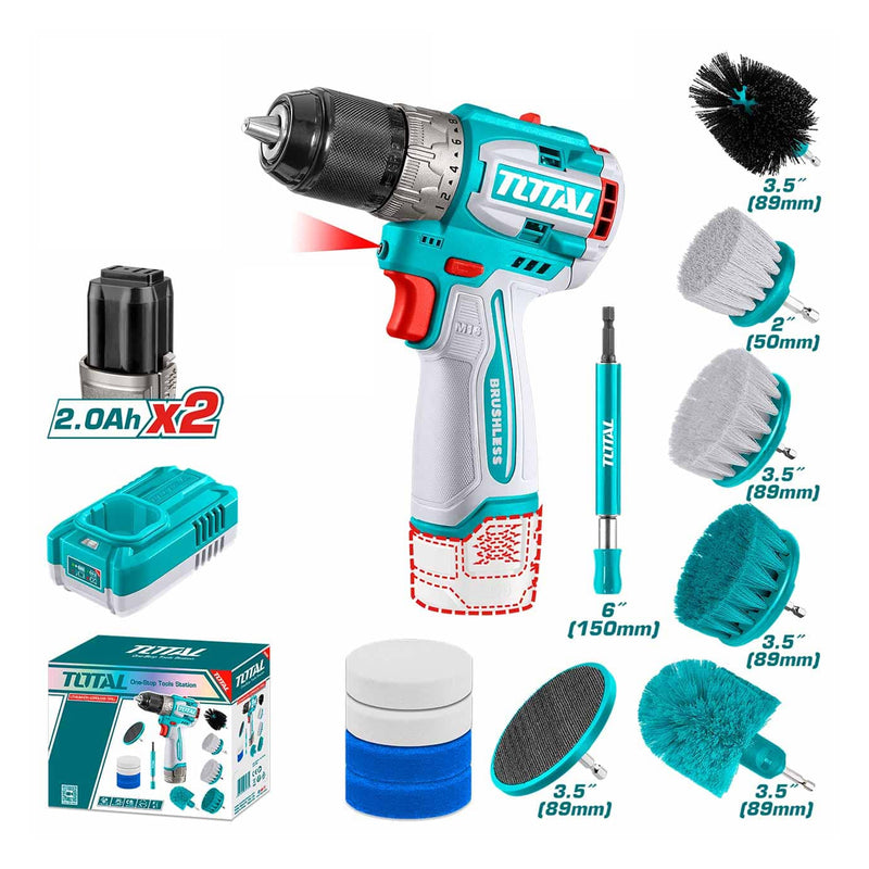 Bộ combo máy khoan dùng Pin 16V không chổi than, kèm 11 bàn chải làm sạch Total TOSLI240786