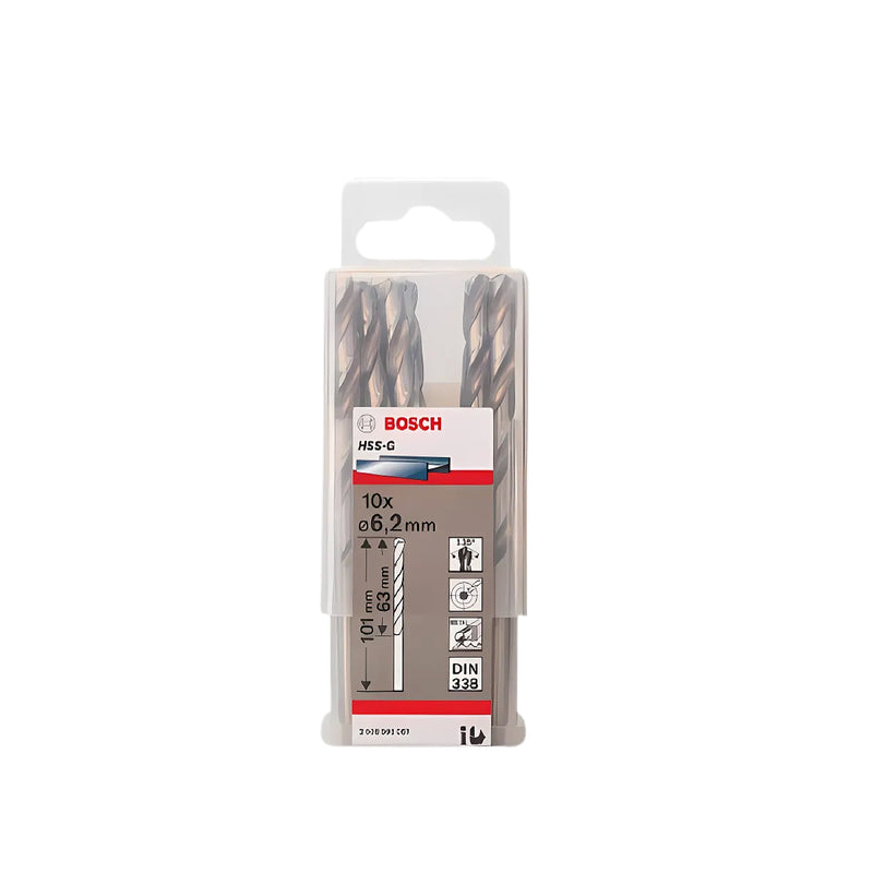 Hộp 10 mũi khoan sắt HSS-G Bosch đường kính từ 1mm - 7.5mm, đuôi trơn (Tiêu chuẩn DIN 338)