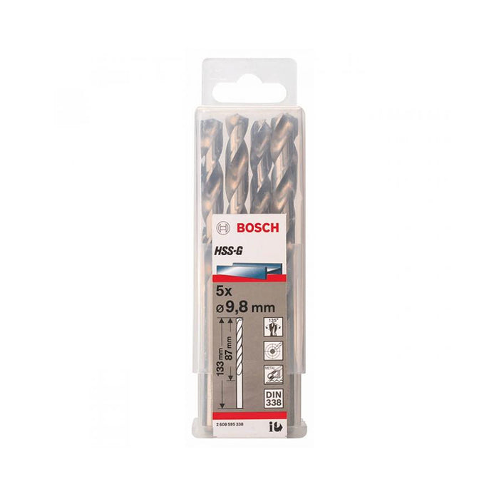 Hộp 5 mũi khoan sắt HSS-G Bosch đường kính từ 9.8mm - 10.5mm, chiều dài 133mm, đuôi trơn (Tiêu chuẩn DIN 338)