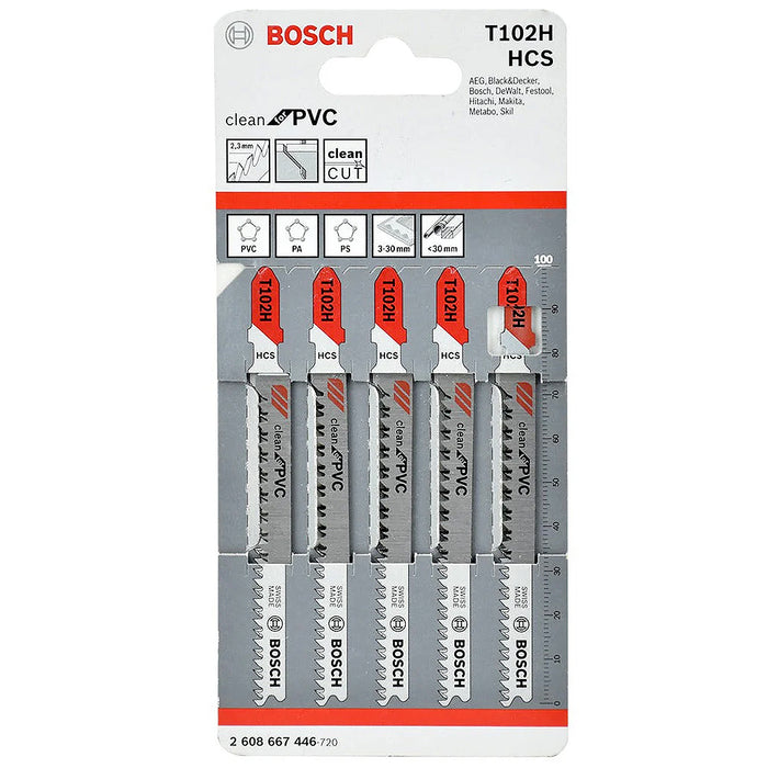 Vỉ 5 lưỡi cưa lọng cắt nhựa tổng hợp Bosch T102H vật liệu thép HCS, dài 77mm, mép cắt sạch và đẹp (mã số 6208667446)