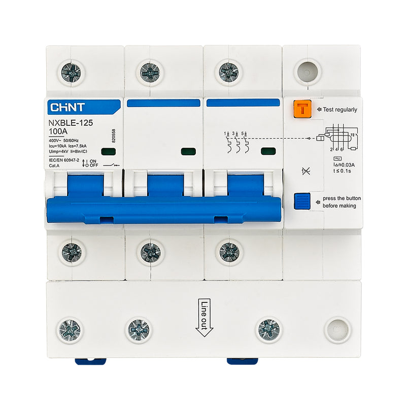 Cầu dao chống giật kết hợp với bảo vệ quá tải, ngắn mạch Chint NXBLE-125 series, tải định mức từ 63A ~ 125A, dòng cắt 10kA, dòng rò từ 30mA ~ 300mA 