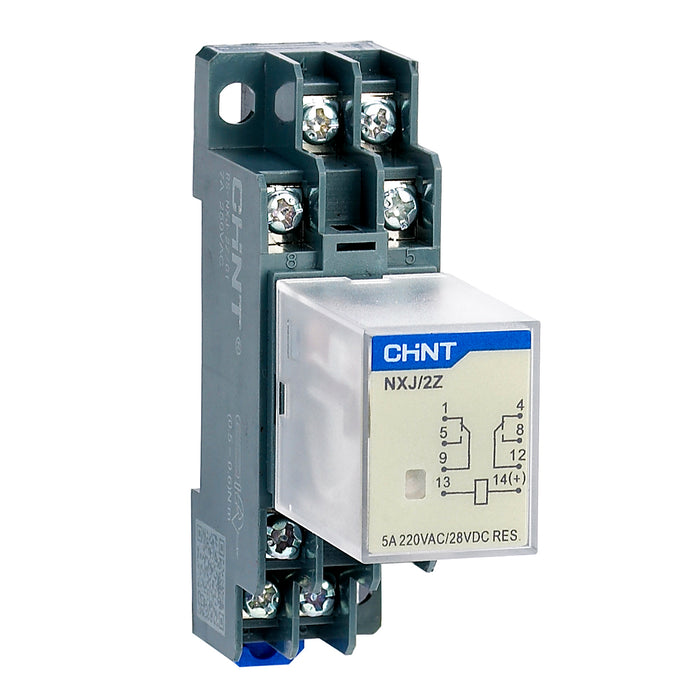 Rờ le kiếng chân dẹp Chint NXJ series. kiểu ghim vào chân đế. Có đèn báo tín hiệu. Tiêu chuẩn CE