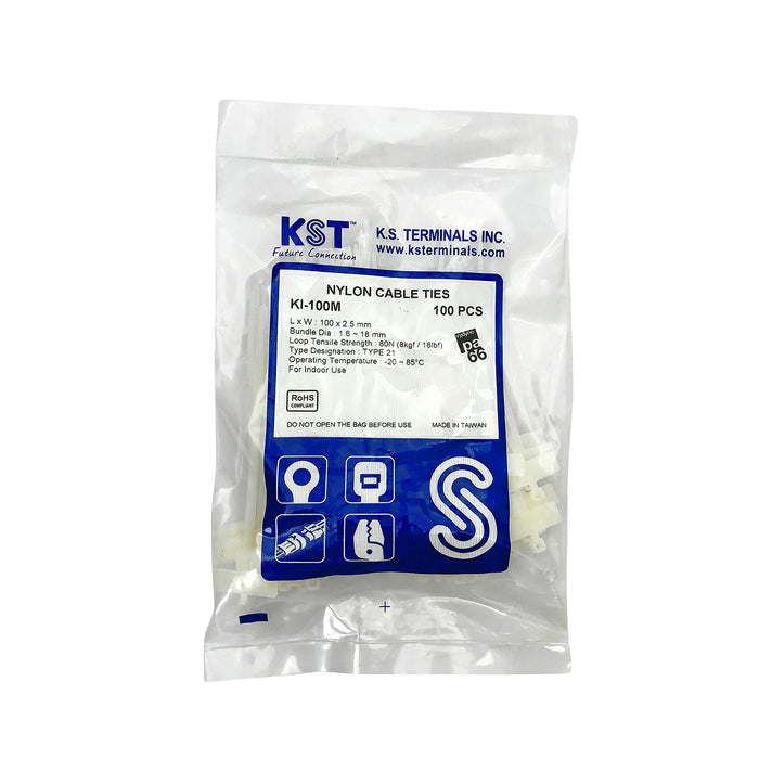 Dây rút KST có thẻ ghi chú khổ ngang, cổ rút nằm ngoài, dài 100mm, bản rộng 2.5mm, mã số KI-100M