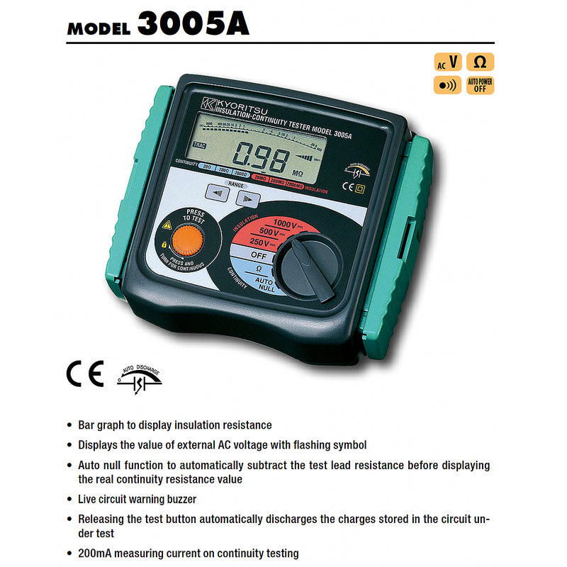 Thiết bị đo điện trở cách điện kỹ thuật số Kyoritsu Model 3005A dải đo từ 250V -1000V
