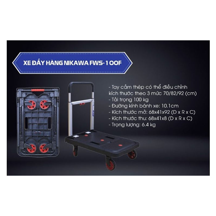 Xe đẩy hàng Nikawa FWS-100F, tải trọng 100kg, kích thước mặt sàn 680mm x 410mm, tay cầm có thể điều chỉnh