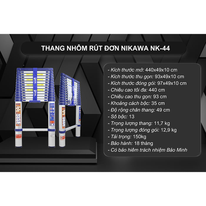 Thang nhôm rút đơn Nikawa NK, chiều cao tối đa từ 3.2m ~ 5.8m, số bậc thang từ 11 bậc ~ 15 bậc