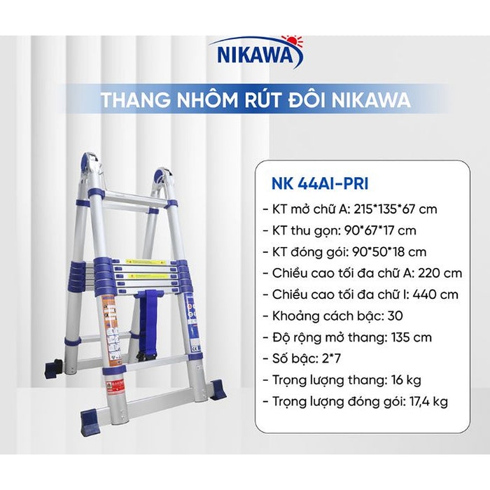 Thang nhôm rút đôi chữ A Nikawa NK AI, chiều cao tối đa chữ A từ 1.85m ~ 2.76m