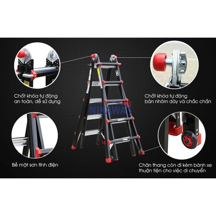 Thang nhôm gấp chữ A (rút lồng) Nikawa NKB, độ dày nhôm chịu lực 2.8mm