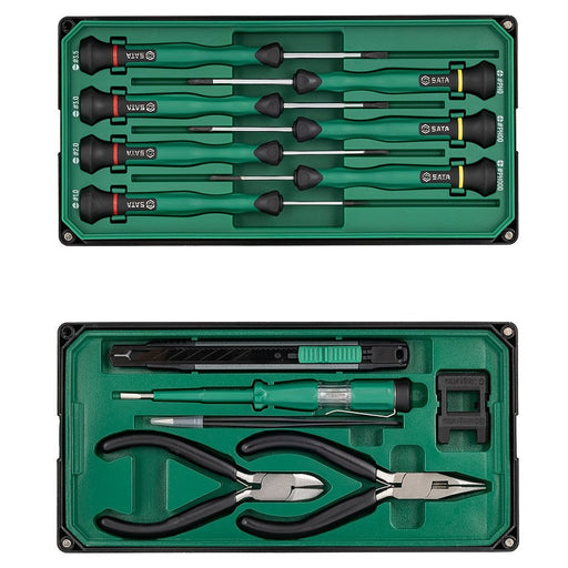 Bộ dụng cụ sửa chữa điện tử 13 chi tiết SATA 09320 đa năng, bao gồm tua vít, nhíp, kìm, dao rọc giấy, bút thử điện.