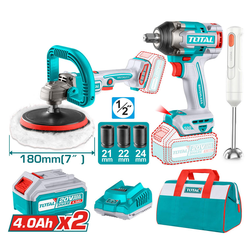 Bộ combo máy siết bu lông cốt 1/2 inch, máy đánh bóng đường kính đĩa 7 inch và máy xay cầm tay Total TOSLI240686 dùng Pin 20V