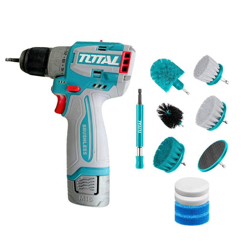 Bộ combo máy khoan dùng Pin 16V không chổi than, kèm 11 bàn chải làm sạch Total TOSLI240786