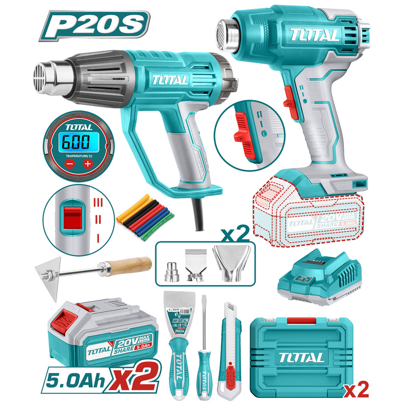 Bộ 2 máy khò nhiệt dùng điện công suất 2000W và dùng Pin 20V Total TOSLI250801