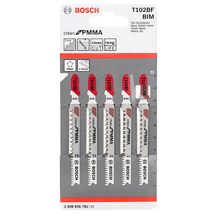 Vỉ 5 lưỡi cưa lọng cắt nhựa PMMA (nhựa dẻo trong suốt) Bosch T102BF vật liệu BIM, dài 68mm, mép cắt đẹp và sạch (mã số 6208636781)