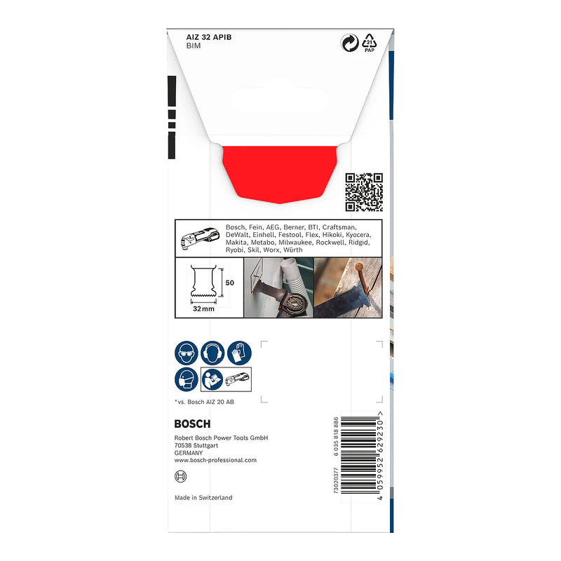 Lưỡi cắt rung Bosch AIZ 32 APIB dùng cắt đa vật liệu, bề rộng lưỡi 32mm, dài 50mm, chất liệu BIM, chuẩn Starlock (mã số 2608669066)