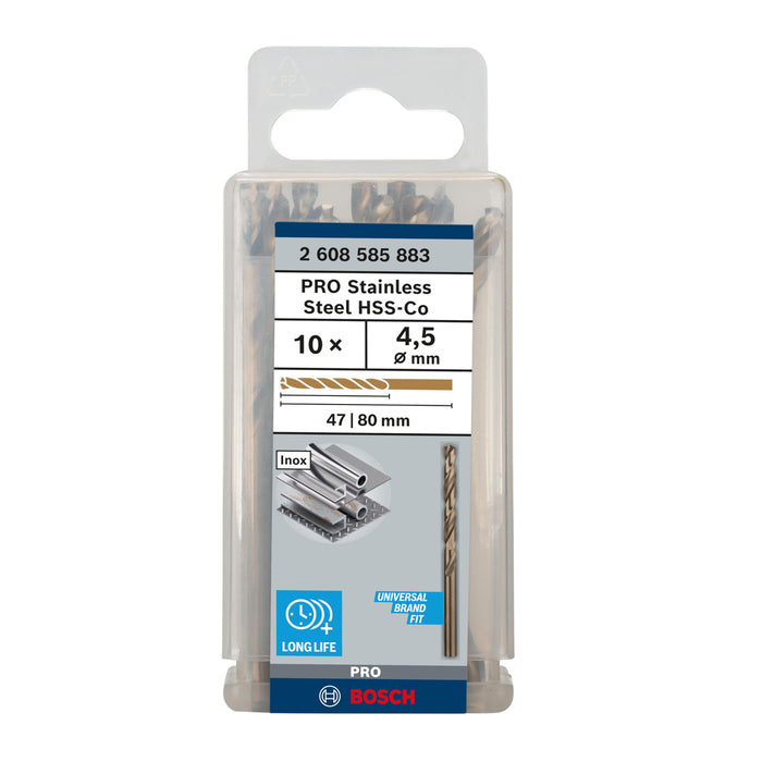 Hộp 10 mũi khoan Inox HSS-Co Bosch đường kính từ 1mm - 7.5mm, đuôi trơn (Tiêu chuẩn DIN 338)