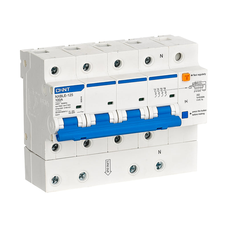 Cầu dao chống giật kết hợp với bảo vệ quá tải, ngắn mạch Chint NXBLE-125 series, tải định mức từ 63A ~ 125A, dòng cắt 10kA, dòng rò từ 30mA ~ 300mA