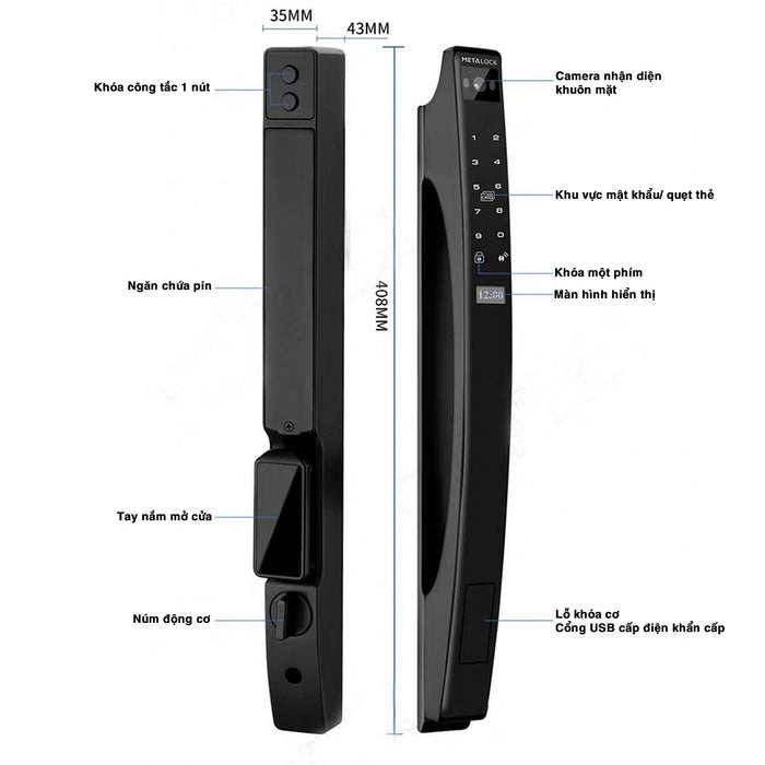 Khóa cửa thông minh cao cấp chống nước IP56 Demax EL902, nhận diện khuôn mặt Face ID-3D mở khóa bằng Wifi, dành cho cửa nhôm, sắt, inox