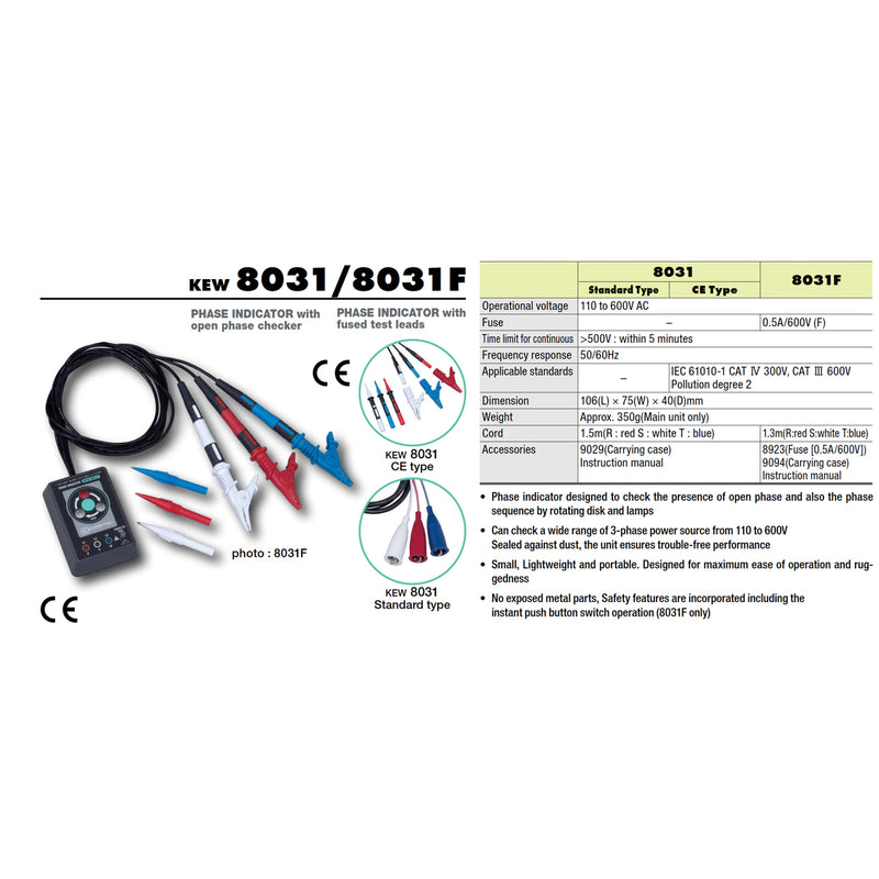 Thiết bị kiểm tra pha Kyoritsu Kew 8031F dải điện áp từ 110V - 600V, tích hợp cầu chì 0.5A/600V