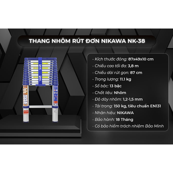 Thang nhôm rút đơn Nikawa NK, chiều cao tối đa từ 3.2m ~ 5.8m, số bậc thang từ 11 bậc ~ 15 bậc