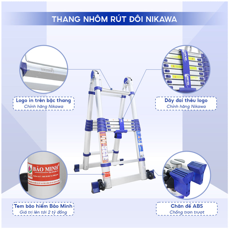 Thang nhôm rút đôi chữ A Nikawa NK AI, chiều cao tối đa chữ A từ 1.85m ~ 2.76m